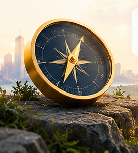 A golden compass on a rock overlooking a city skyline