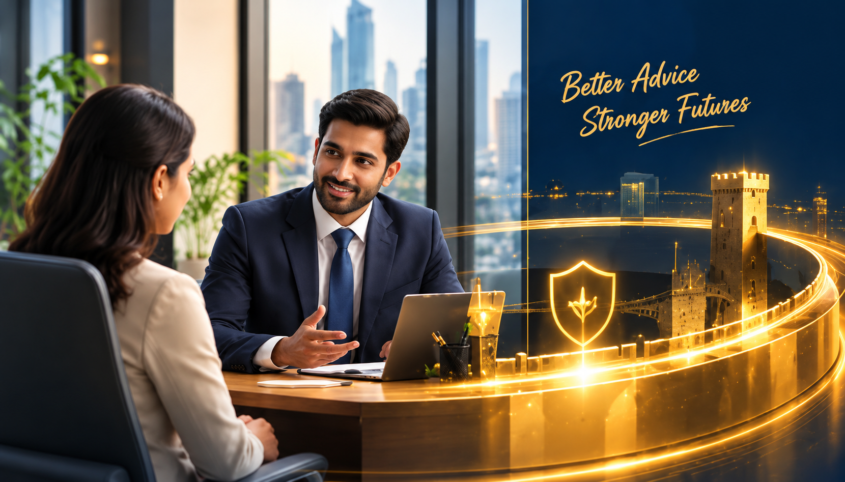 An insurance advisor in consultation with a client, with a golden moat protecting a fortress